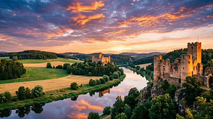 Krajina středních Čech s hrady a řekou při západu slunce
